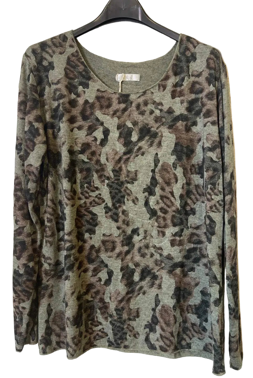 A long-sleeve crewneck top with an abstract leopard print pattern in olive green, brown, and black