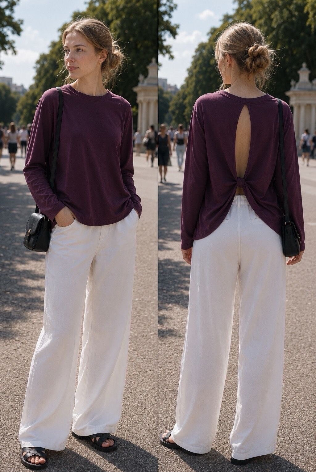 A woman shown in a split front and back view wearing a dark purple long-sleeve top with a back cutout and knot detail, paired with white wide-leg pants and black sandals, outdoors on a paved walkway.