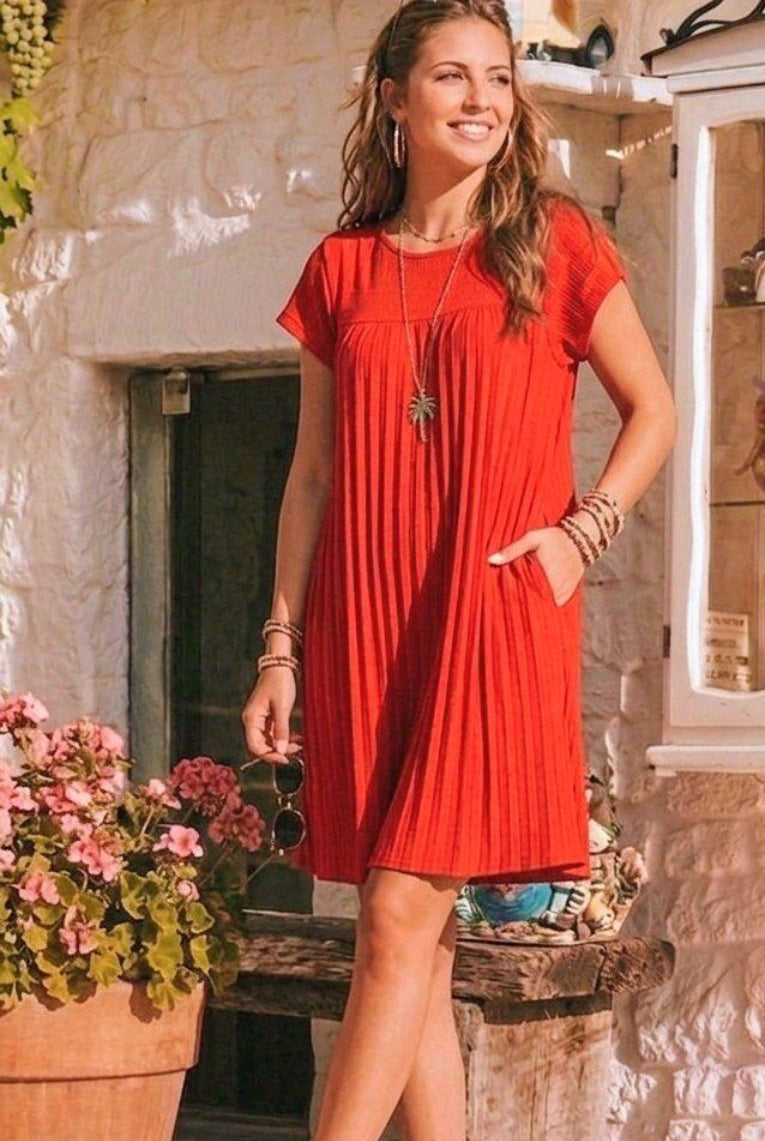 red pleated dress with short sleeves