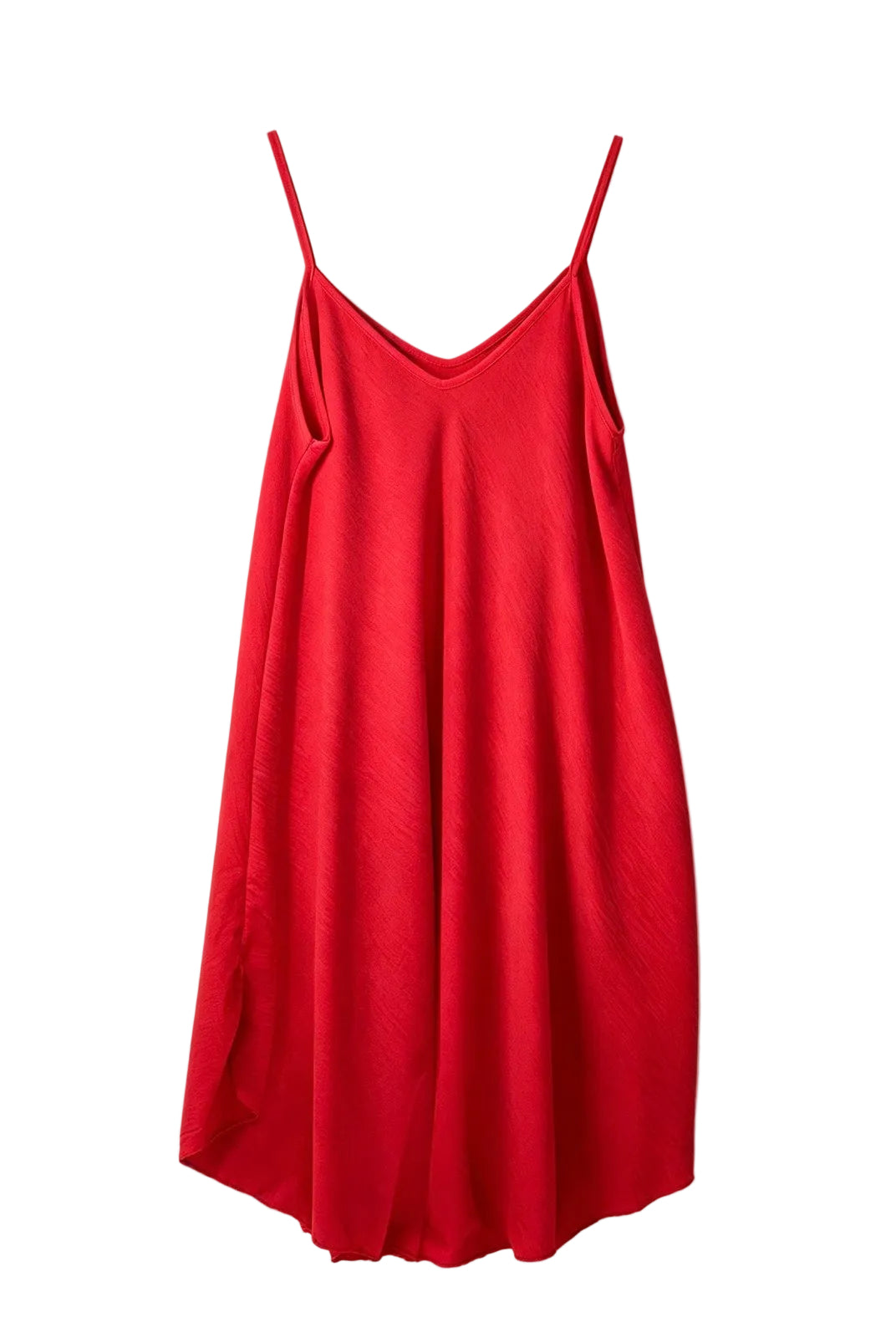 A red slip-on camisole dress with thin spaghetti straps and a V-neckline, displayed against a plain off-white background.