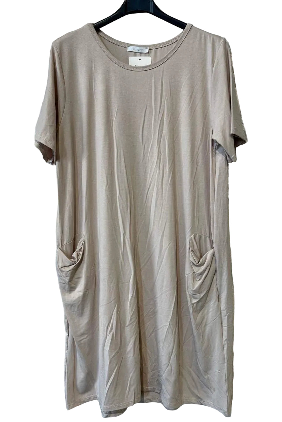 A short-sleeve beige tunic dress with draped side pockets