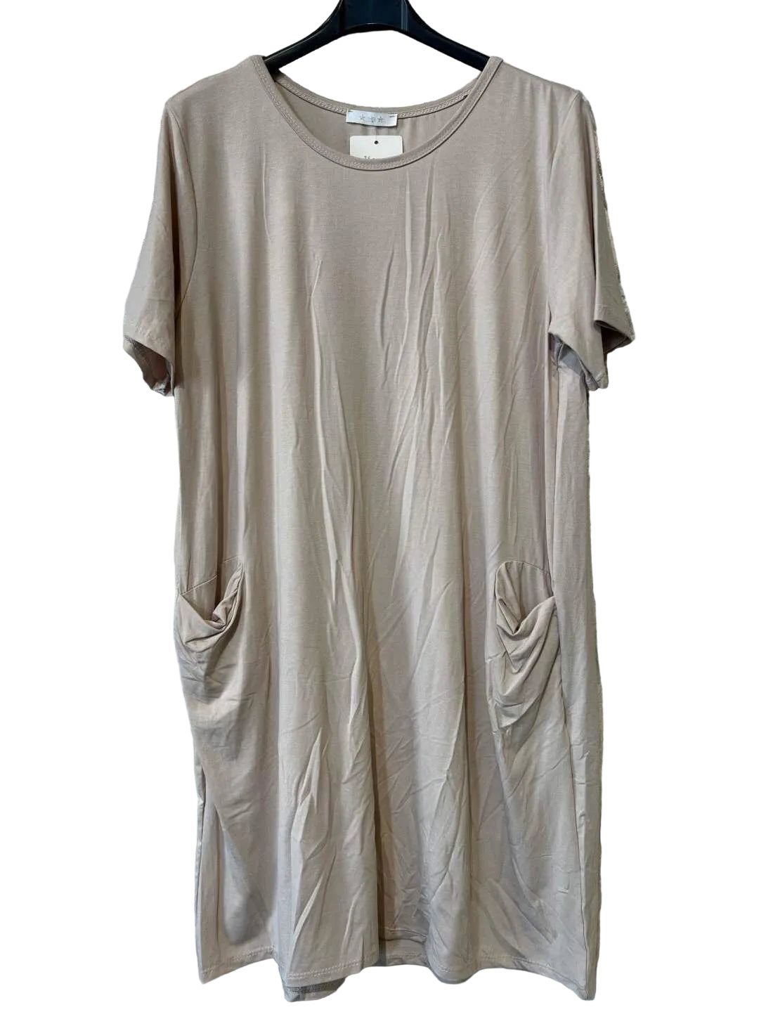 A short-sleeve beige tunic dress with draped side pockets