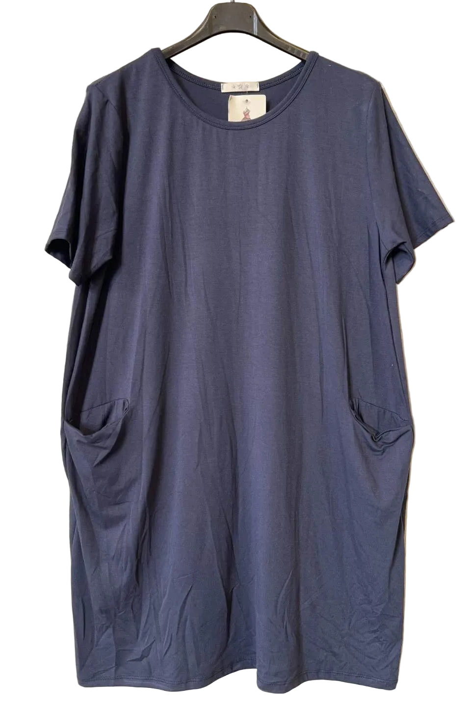 A short-sleeve crewneck t-shirt dress in a blue color