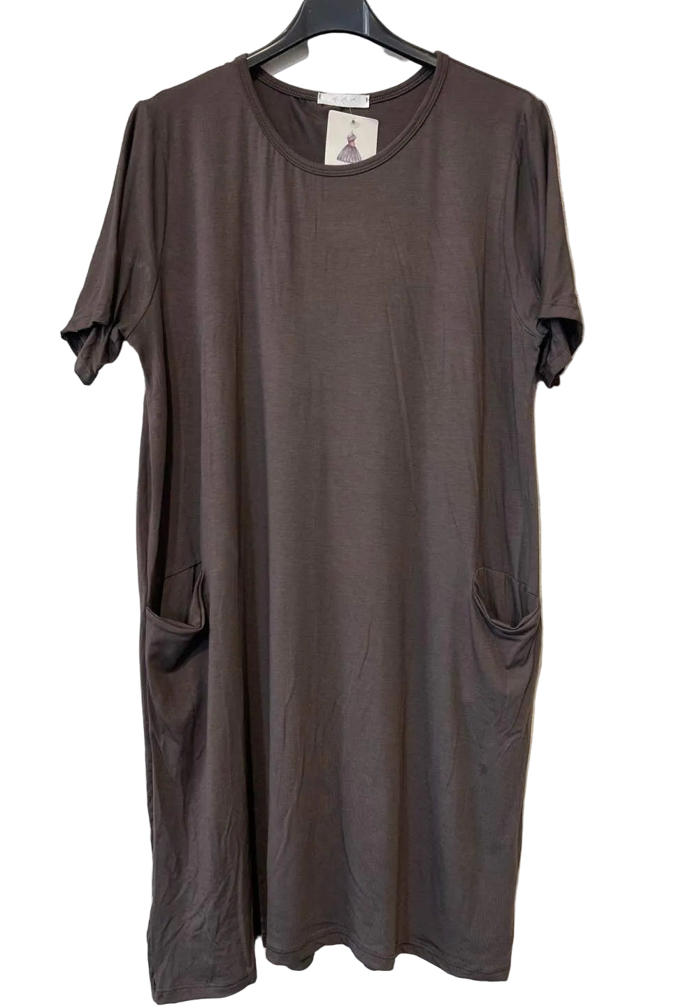 A dark brown short-sleeve tunic dress with side pockets