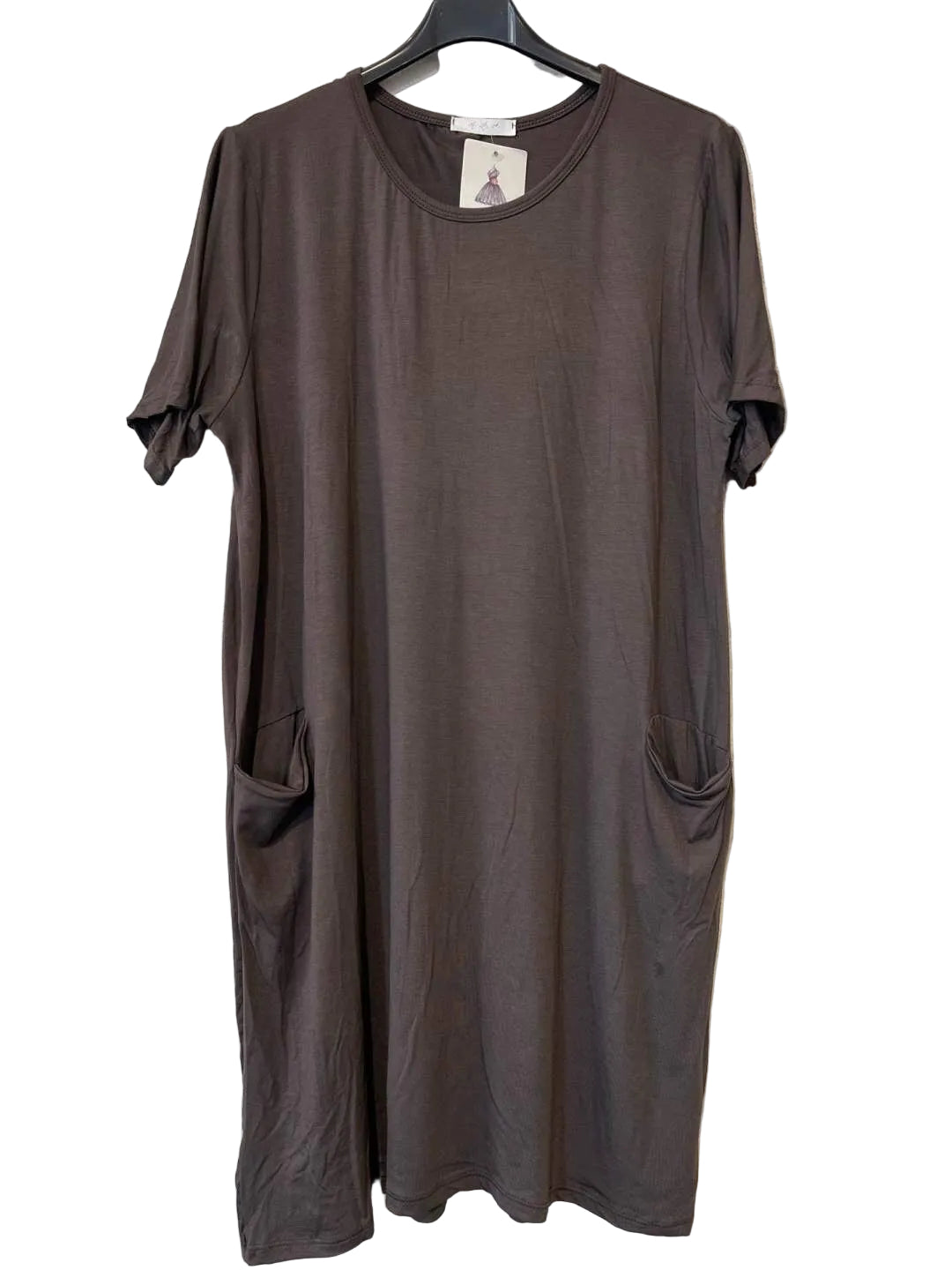 A dark brown short-sleeve tunic dress with side pockets