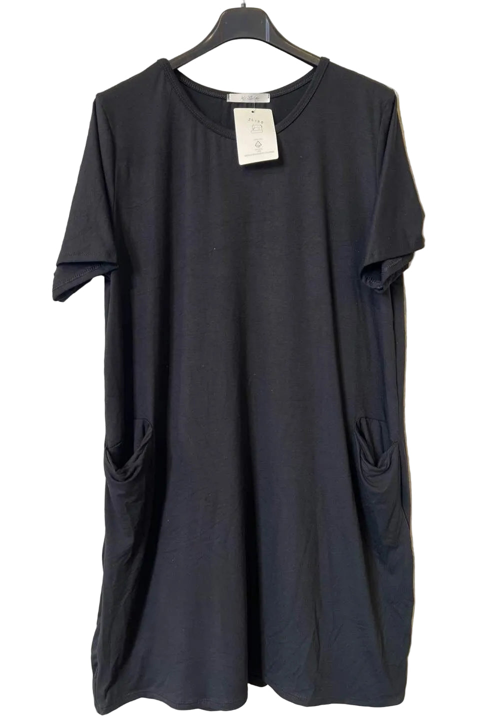 A black short-sleeve t-shirt dress with side pockets,