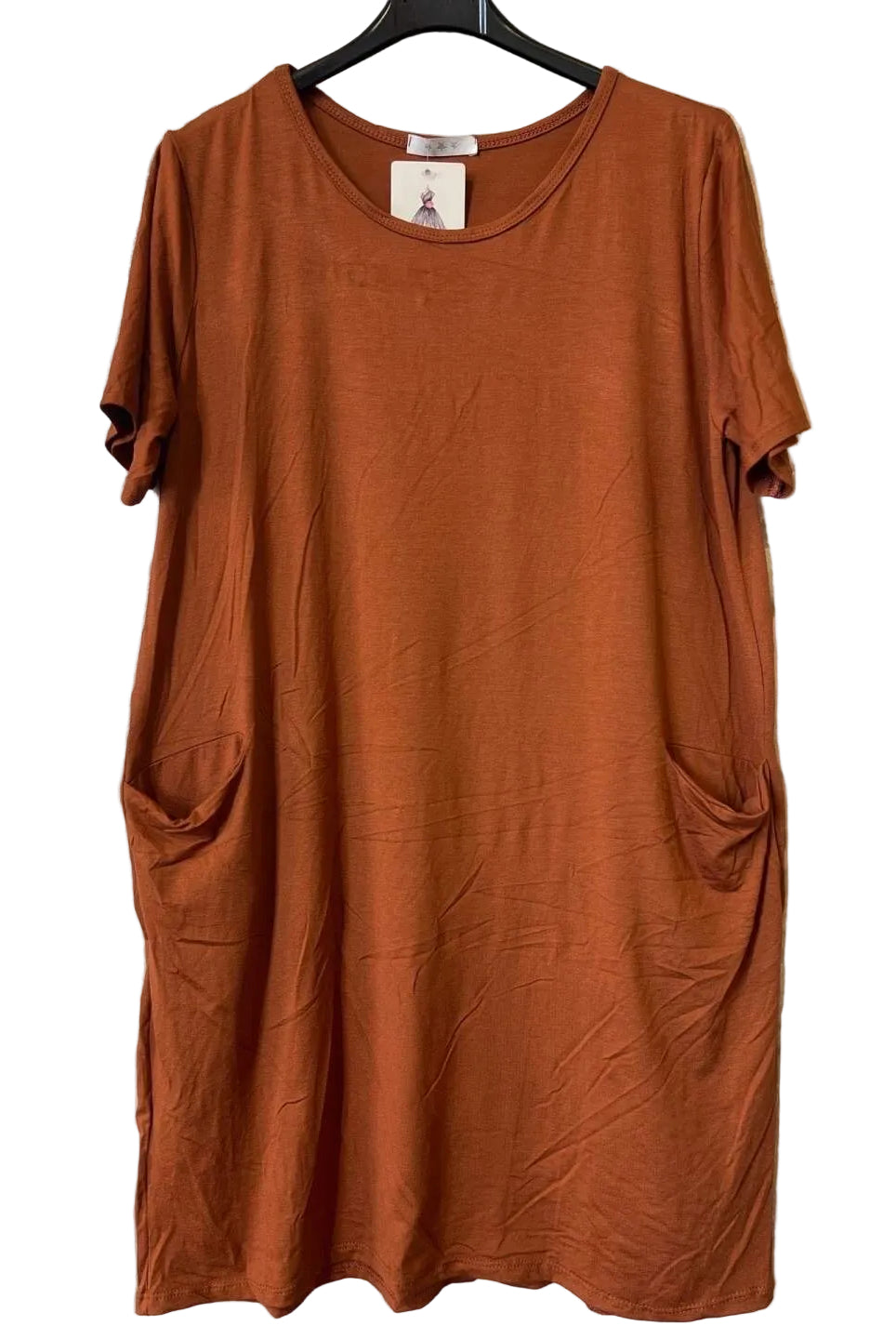 A rust-orange short-sleeve tunic dress with side pockets