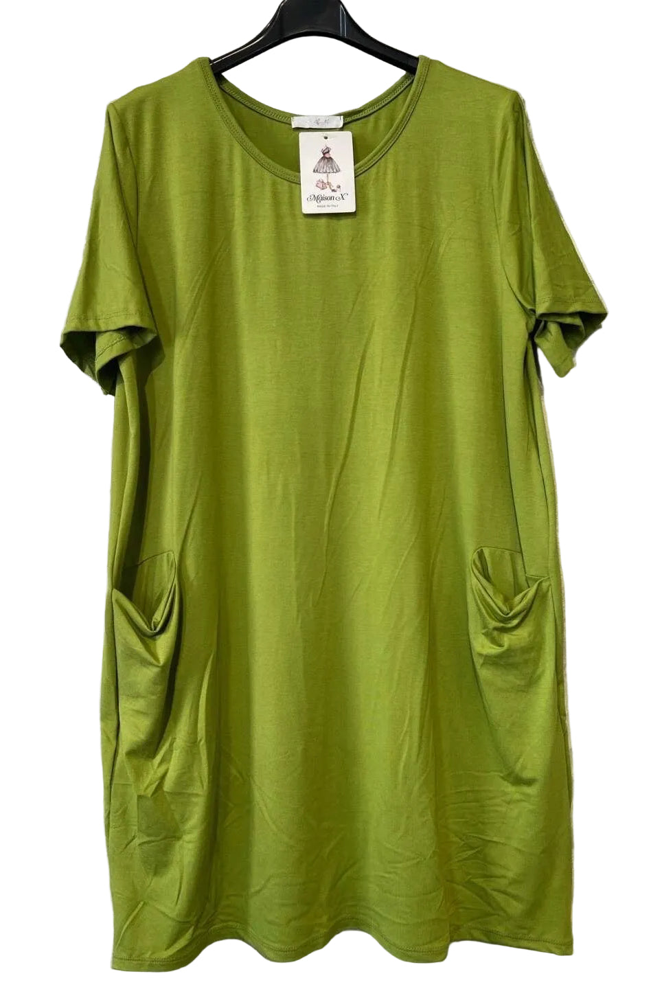 A lime green short-sleeve dress with pockets