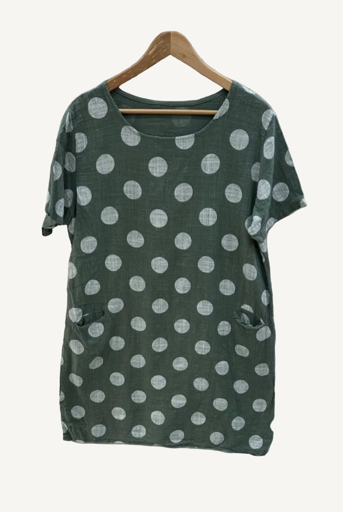 Green dress with white polka dots on a wooden hanger against a white background
