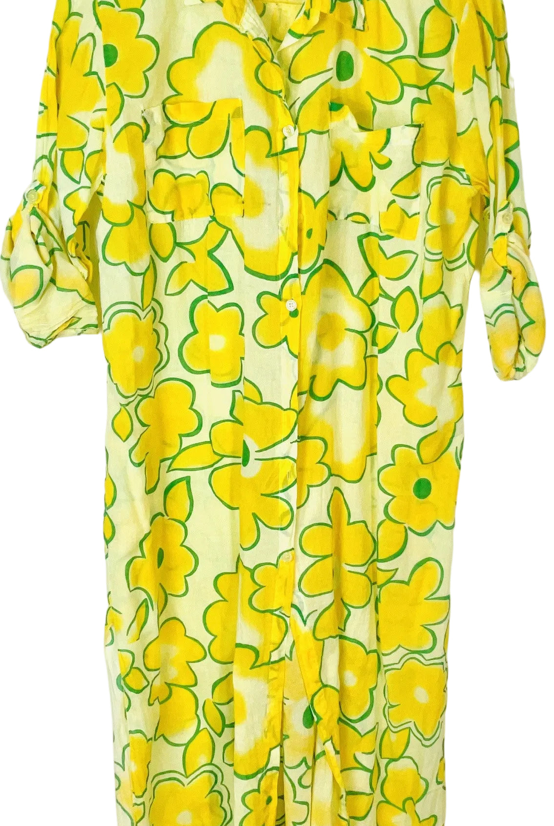A yellow and green floral print shirt dress with a button-up front and three-quarter sleeves, shown against a plain white background.