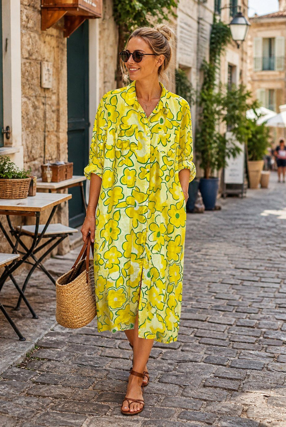 A woman wearing a bright yellow and green floral print midi dress walks down a cobblestone street. She is wearing brown leather sandals and carrying a woven straw tote bag.
