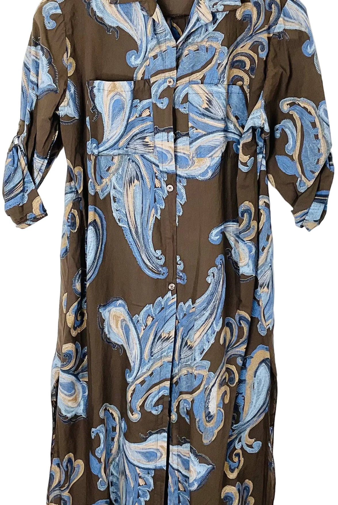 A brown long-sleeve button-up shirt dress featuring a blue and beige paisley pattern, displayed against a plain white background.