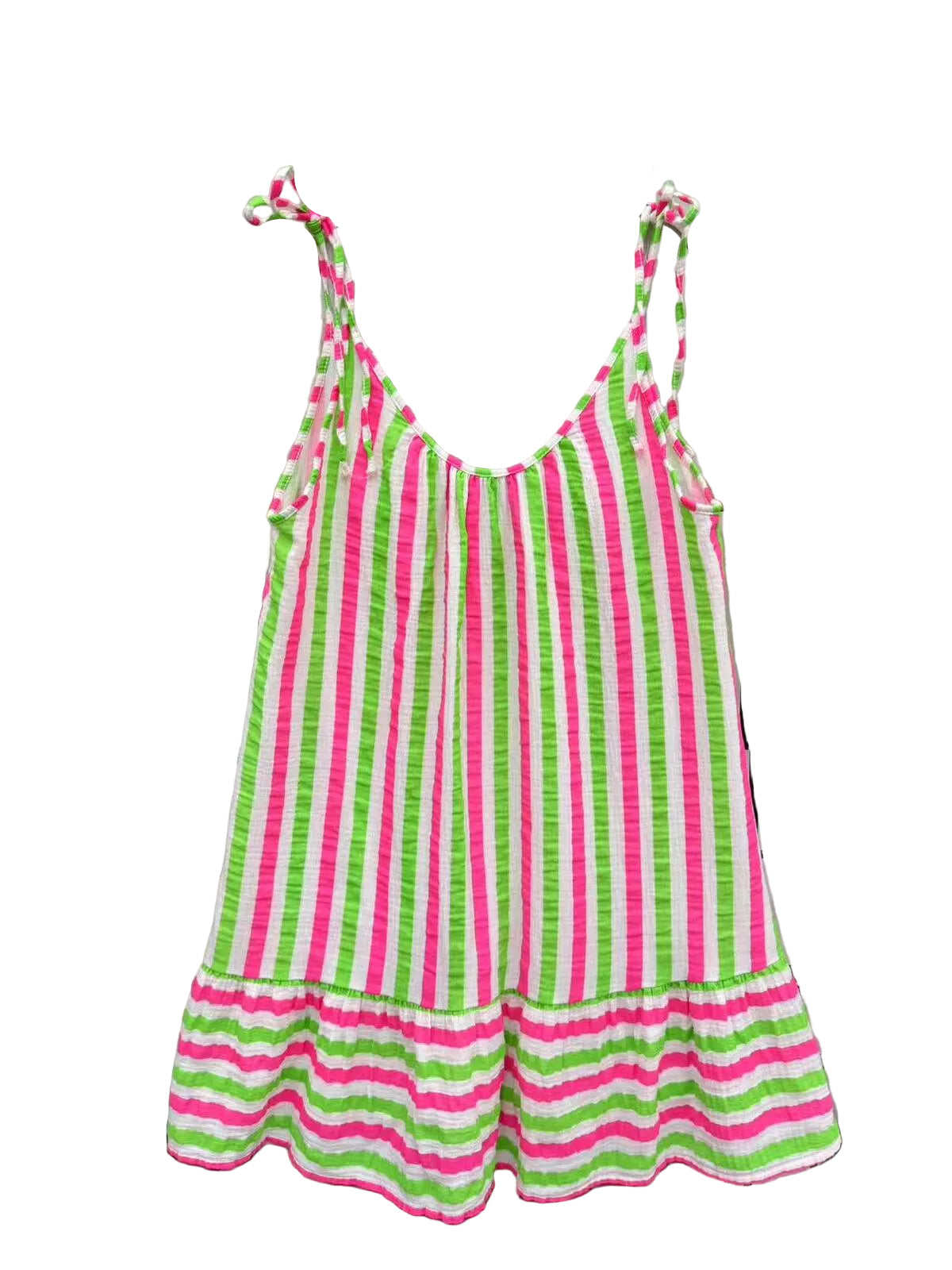 A sleeveless tiered dress with vertical pink and green stripes,