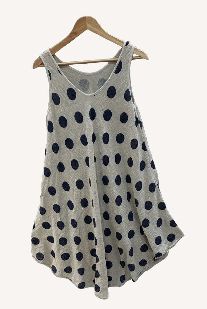 Beige sleeveless polka dot dress
