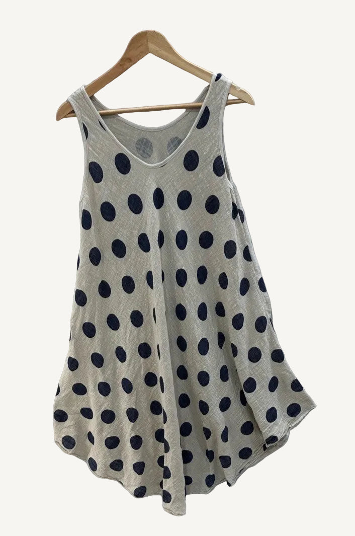 Beige sleeveless polka dot dress