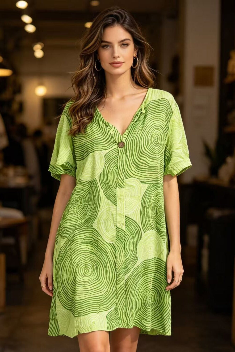 Woman wearing a green patterned dress in an indoor setting