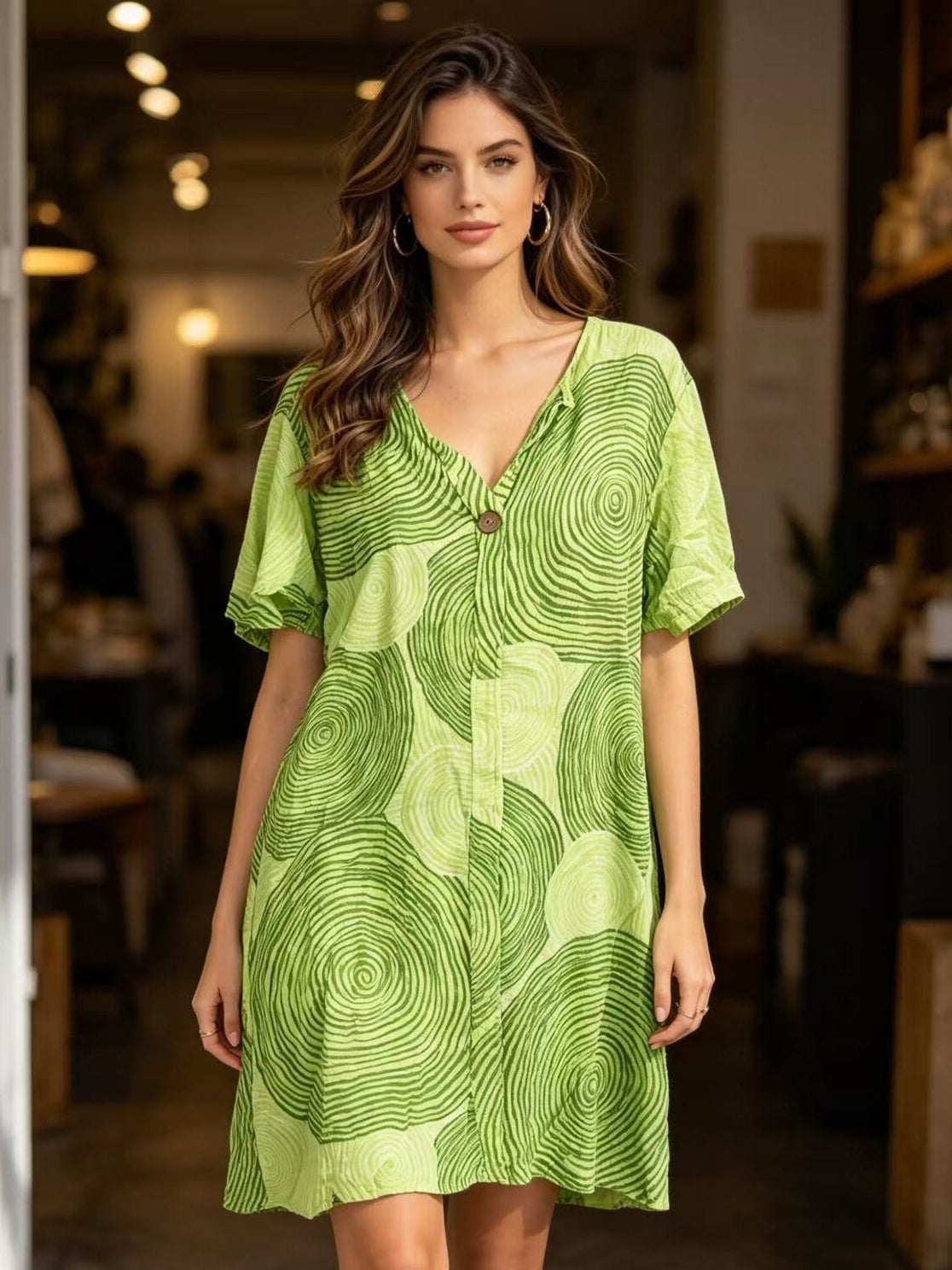 Woman wearing a green patterned dress in an indoor setting