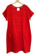 Red dress on a hanger against a white background