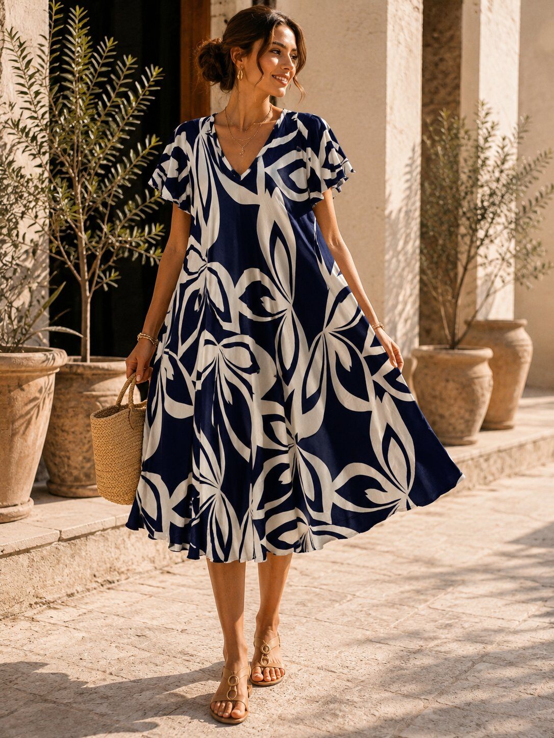 Woman wearing a blue and white patterned dress standing outdoors with plants and columns in the background.