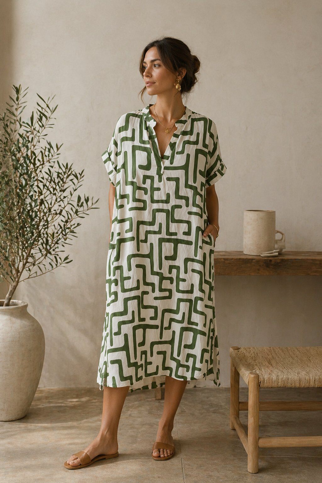 Woman wearing a green and white patterned dress standing in a room with a plant and wooden stool.