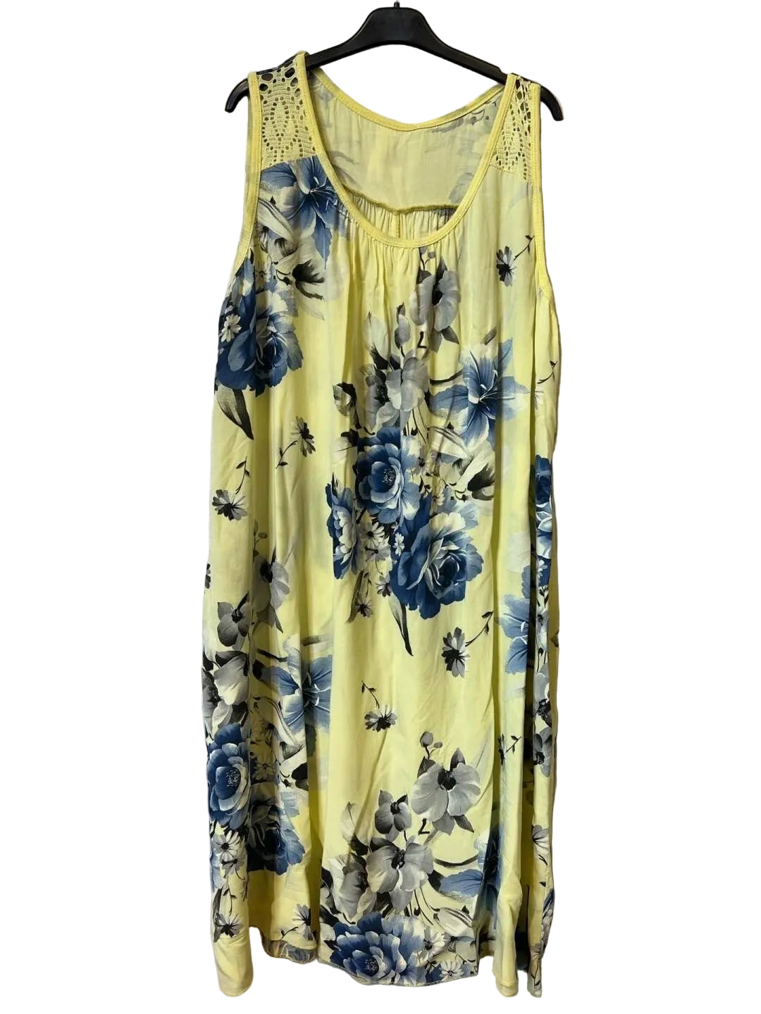 A yellow sleeveless maxi dress with a blue and gray floral print