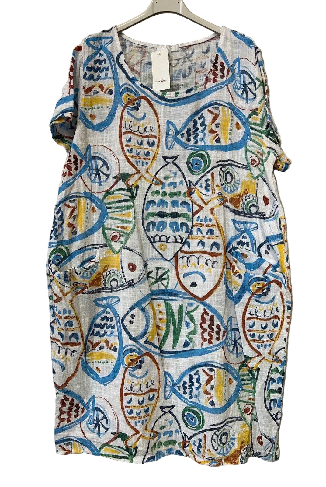 A white dress with an all-over colorful fish print