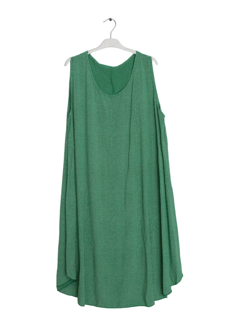 Green sleeveless dress on a hanger against a white background