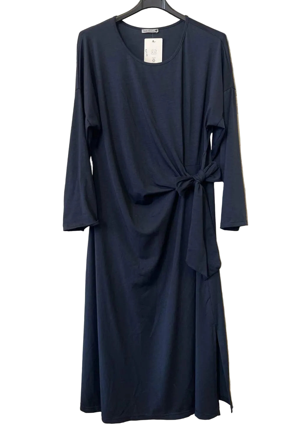 A dark navy blue long-sleeve dress with a knotted waist,