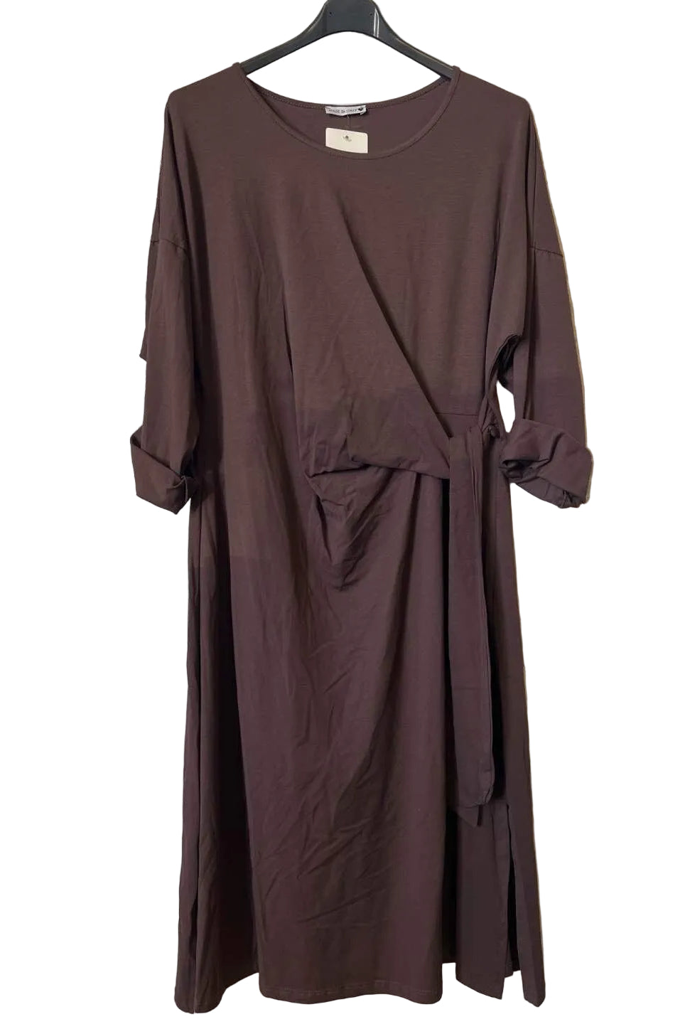 A dark brown long-sleeve wrap dress with a tie waist