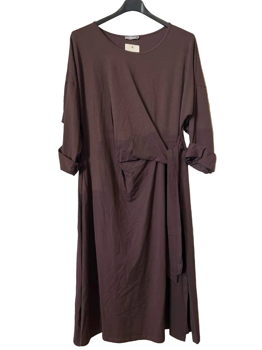 A dark brown long-sleeve wrap dress with a tie waist