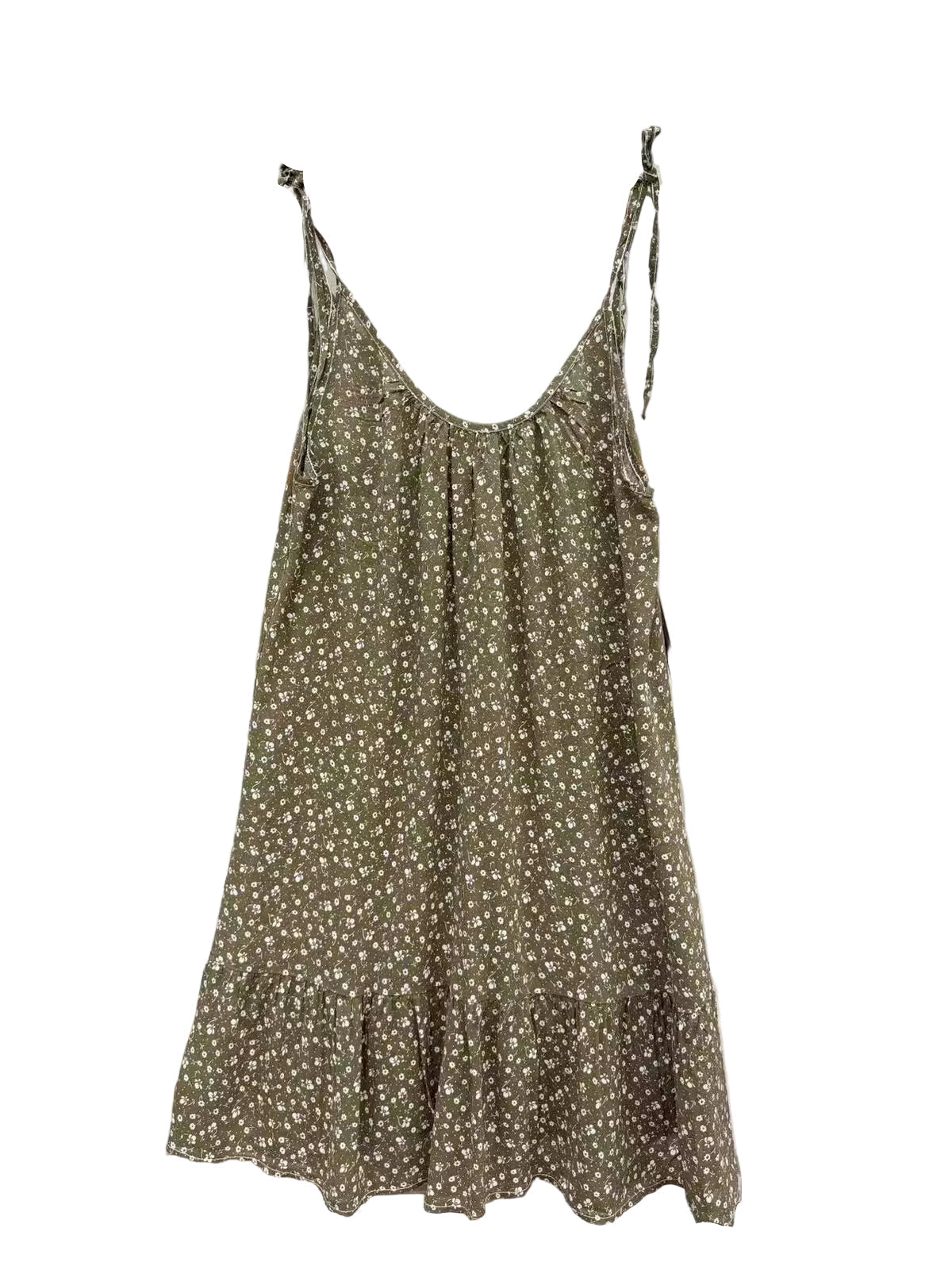 An khaki green sleeveless slip dress with a small white floral print stand.