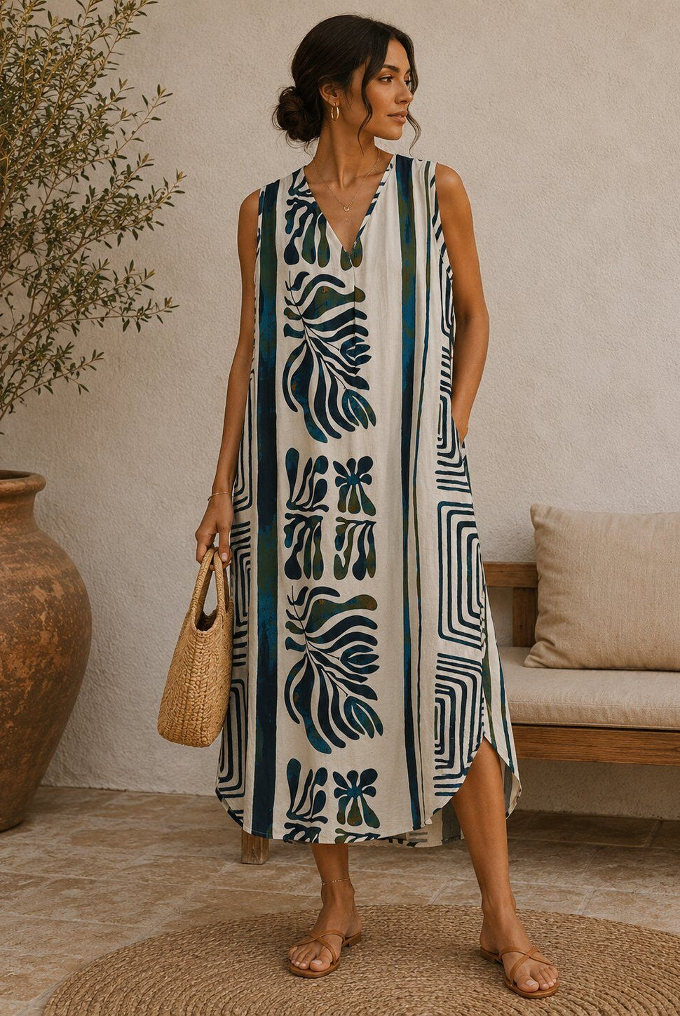 Woman wearing a long, patterned dress standing in a room with a plant and a couch.