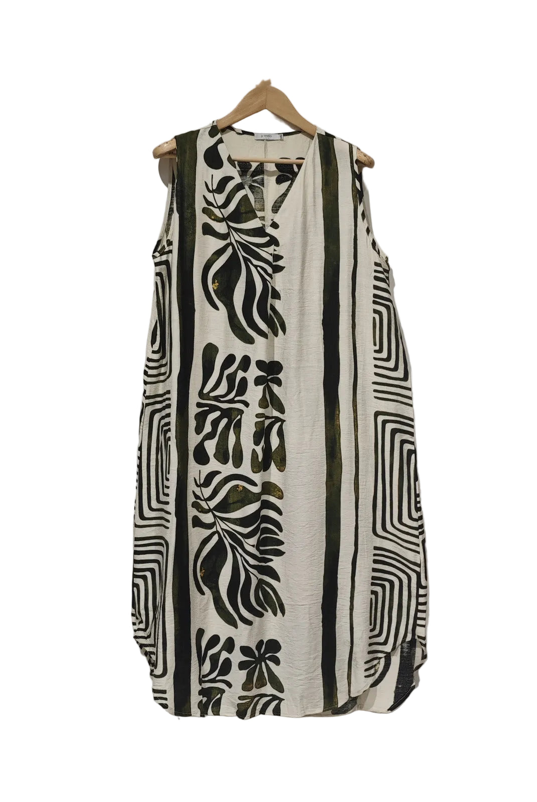 Sleeveless dress with khaki abstract patterns on a hanger against a plain background