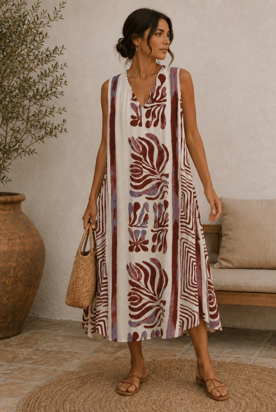 Woman wearing a patterned dress standing in a room with a vase and sofa.