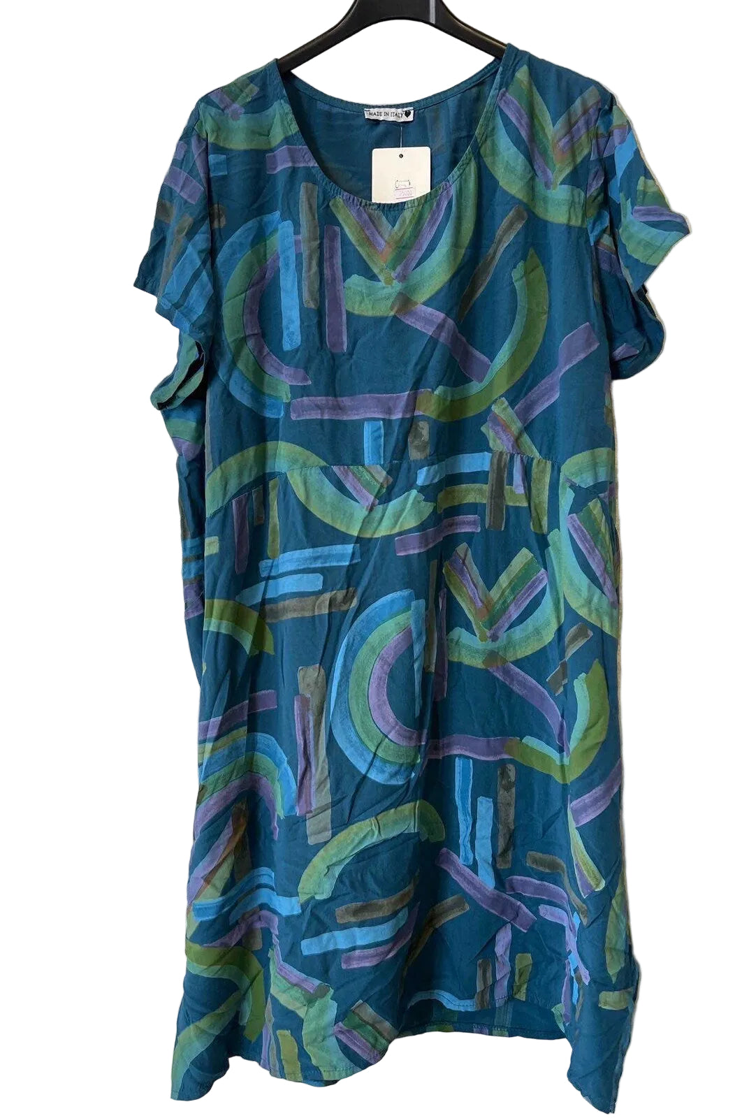Blue dress with abstract pattern on a hanger