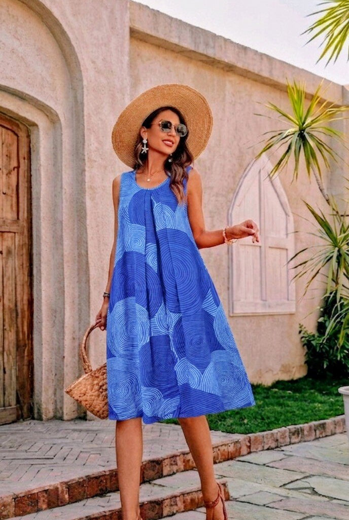 royal blue printed sleeveless dress