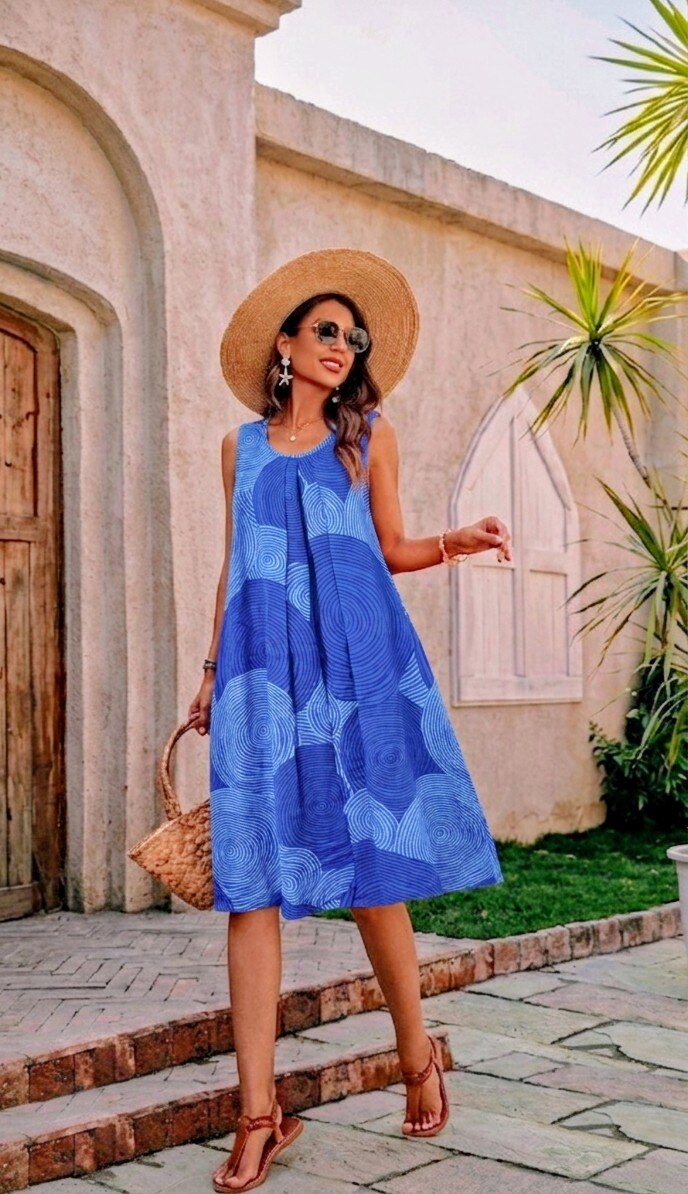 royal blue printed sleeveless dress