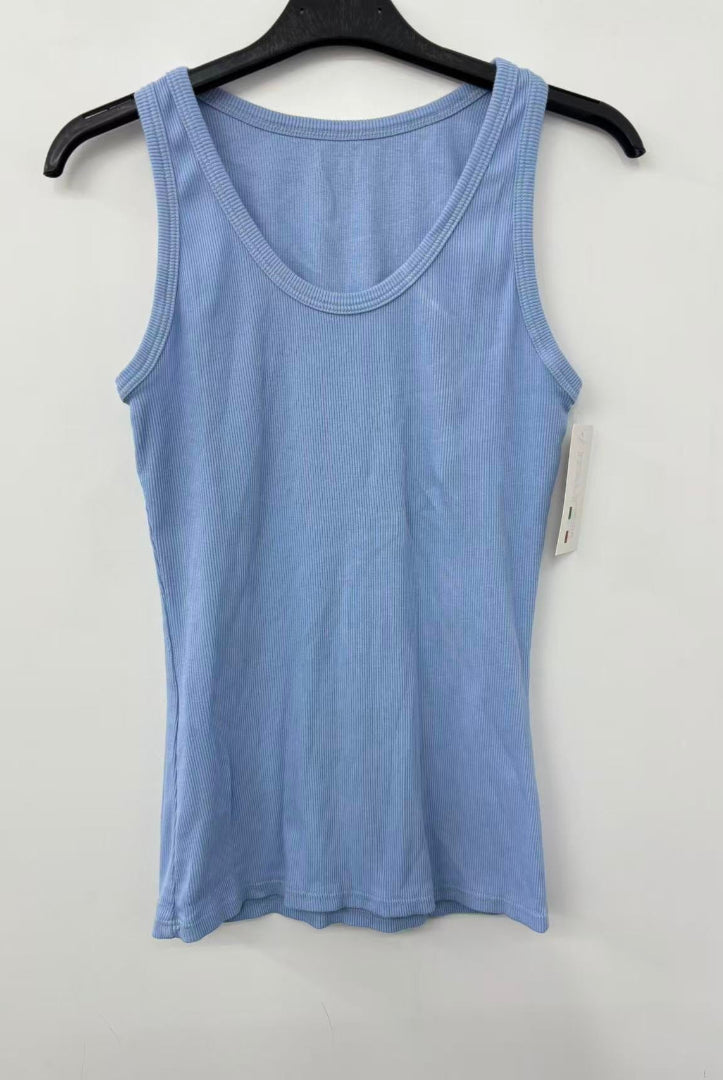 sky blue tank top on a hanger against a white background