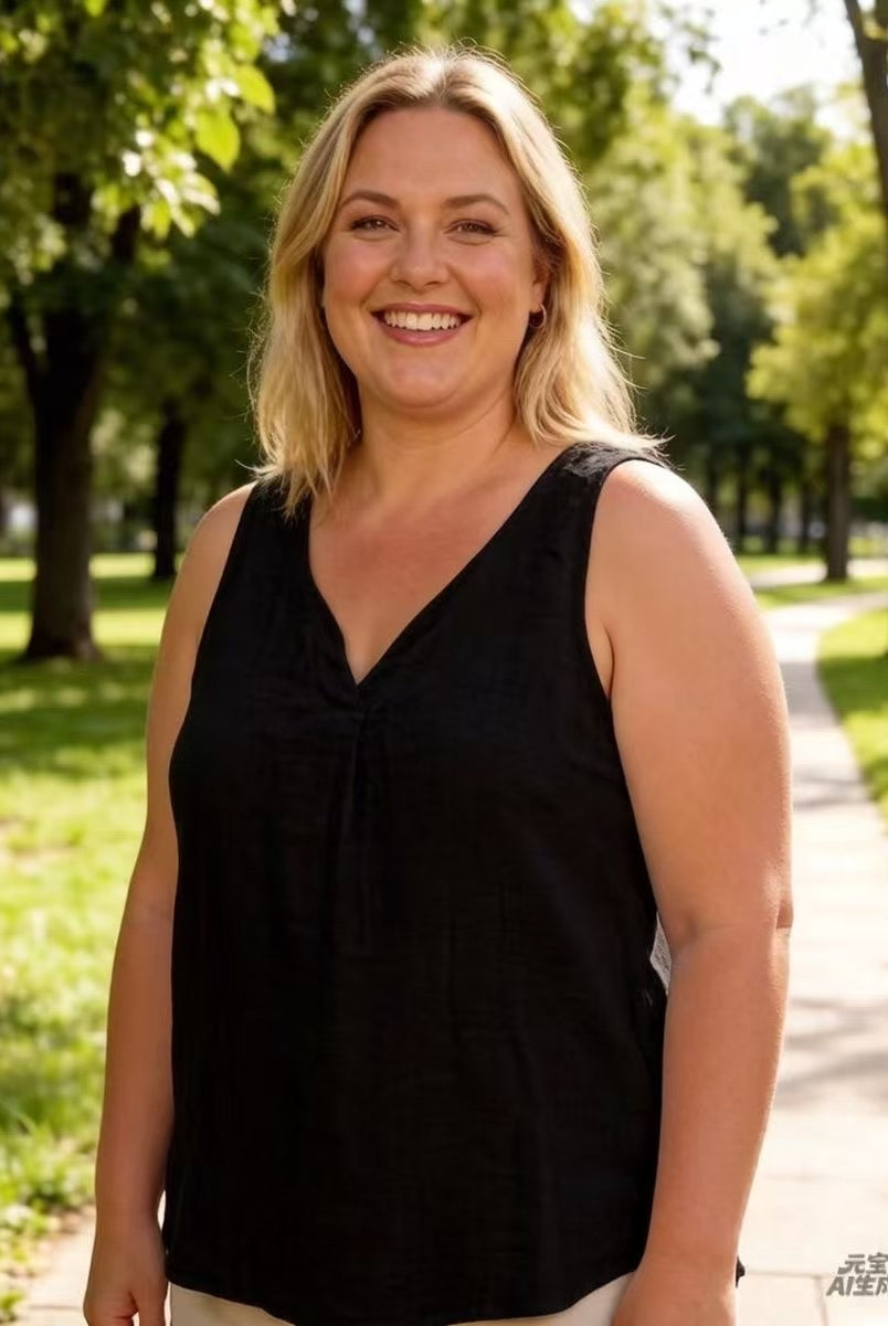 Woman wearing a black sleeveless top standing in a park with trees and grass in the background.
