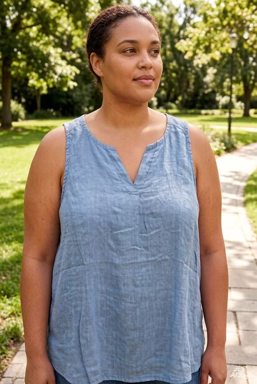 Woman wearing a blue sleeveless top in a park setting
