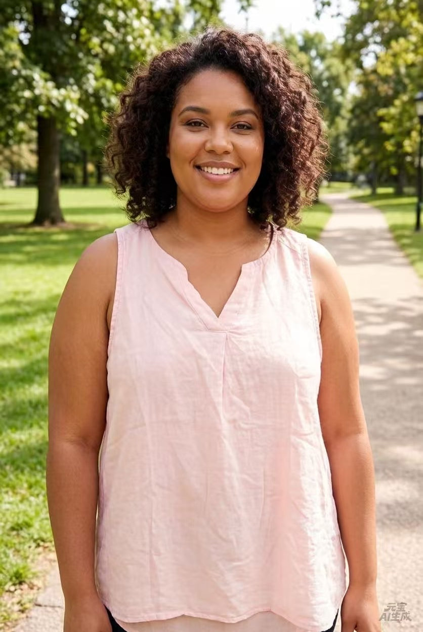 Woman in a pink sleeveless top standing on a path in a park.
