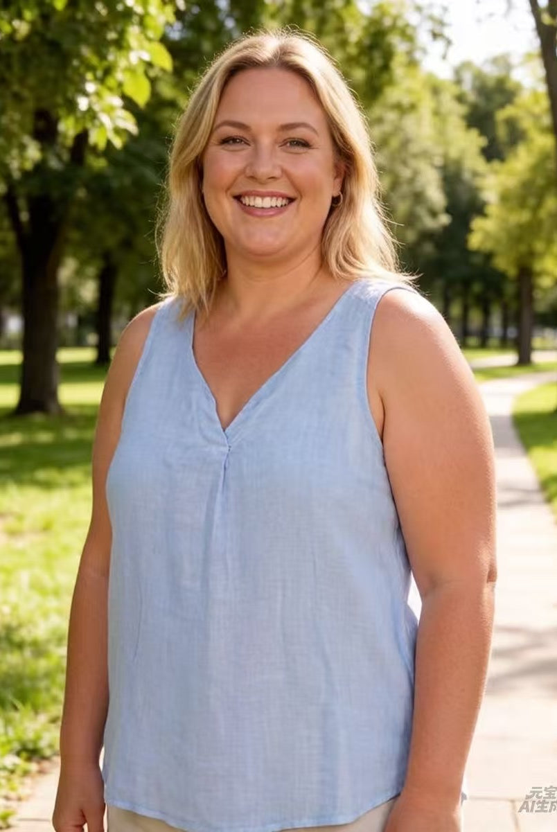 Woman in a light blue sleeveless top standing outdoors with greenery in the background