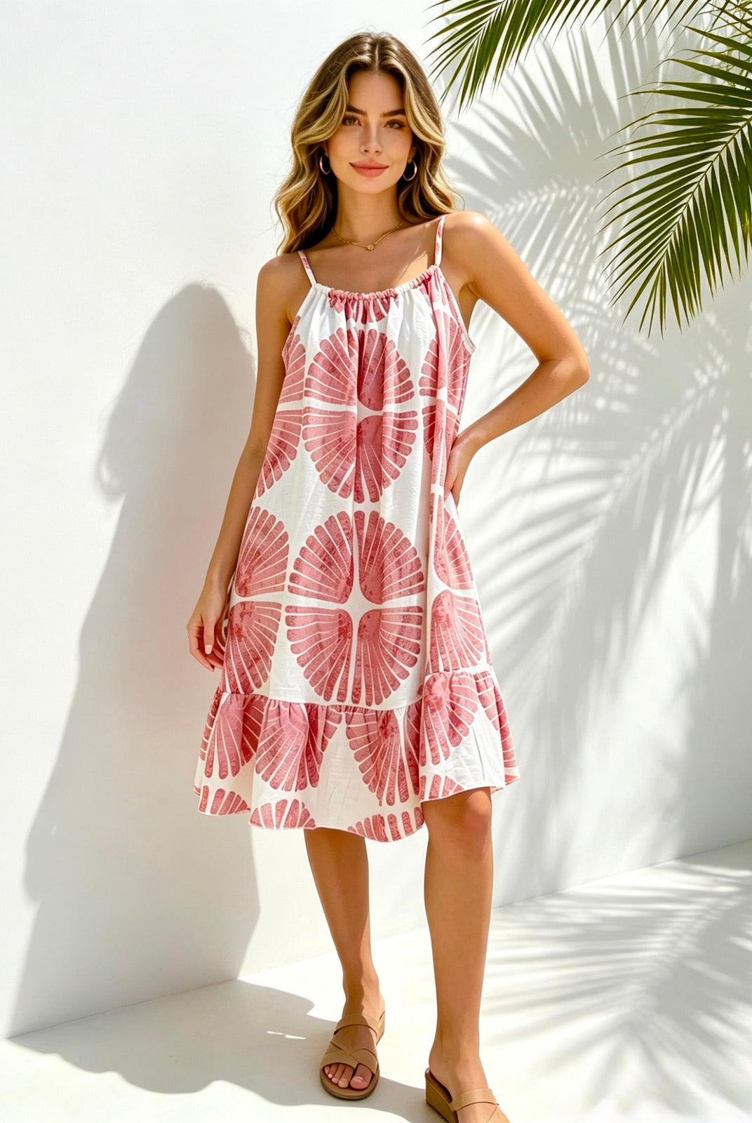 Strappy pink printed dress with frill