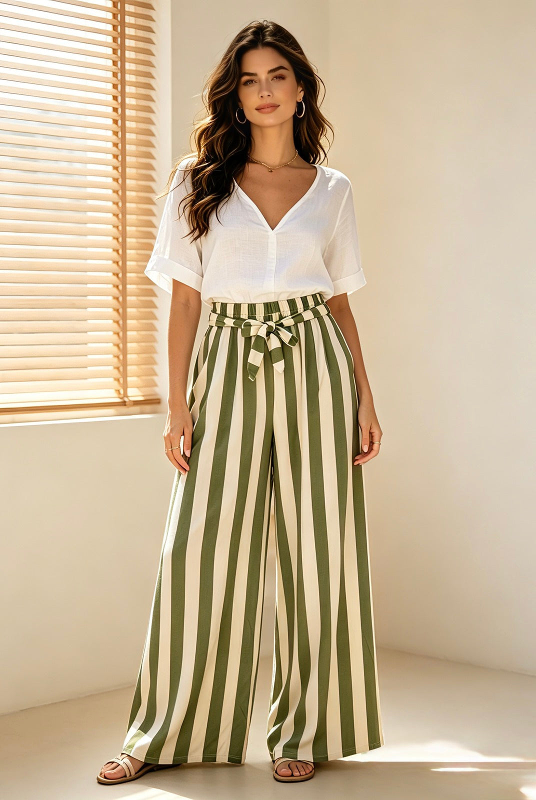 Woman wearing a white blouse and green and white striped pants in a bright room.