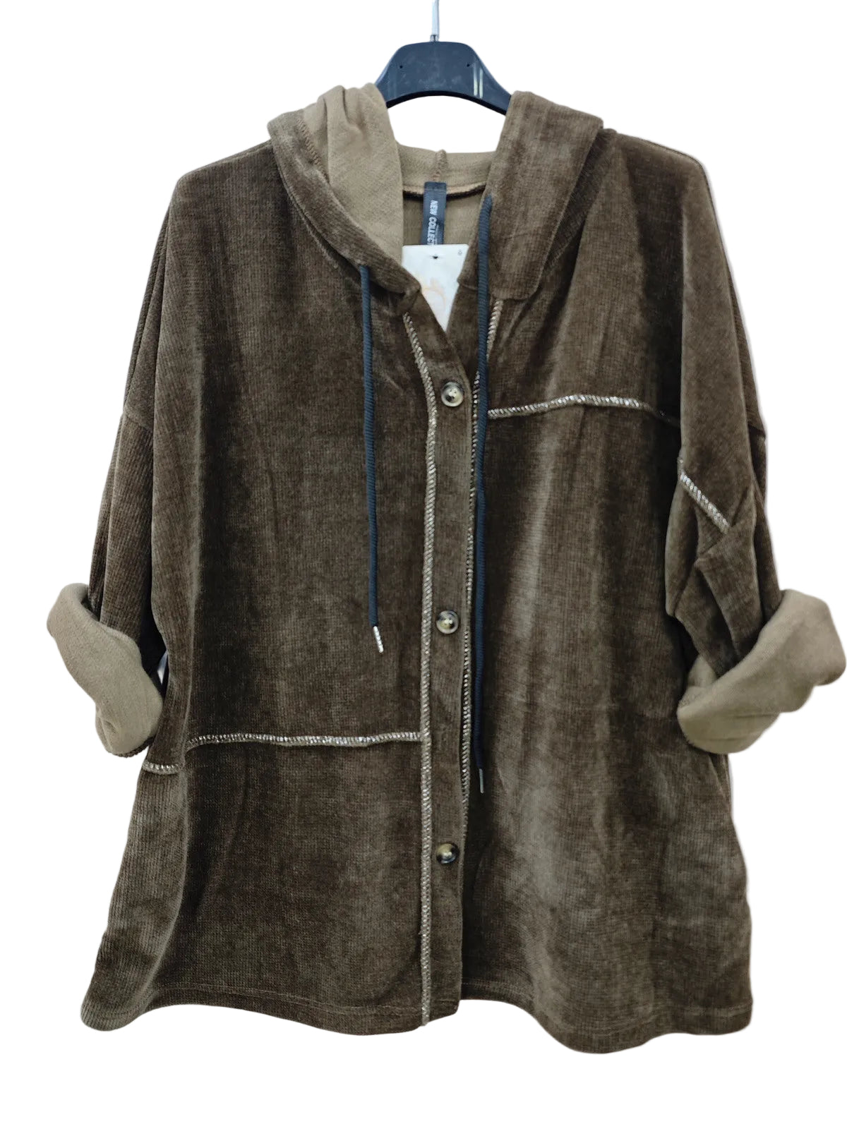 A brown plush fleece hooded cardigan with beige lining, buttoned front, and decorative silver trim, hanging on a black hanger against a light gray wood-paneled background.