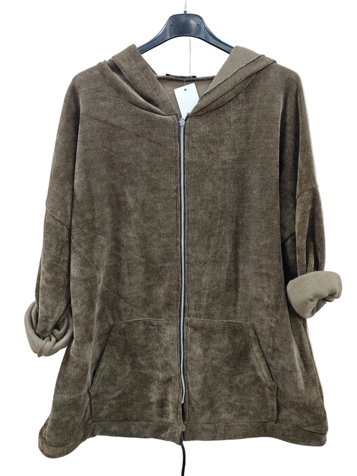 A brown zip-up hooded sweatshirt with a plush velour like texture, featuring rolled cuffs and front pockets,