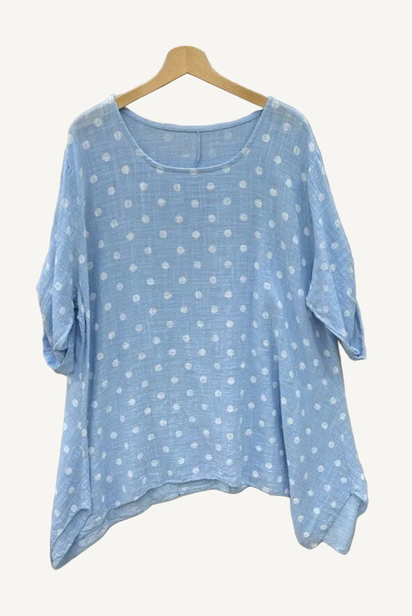 Blue polka dot shirt on a wooden hanger against a light gray background