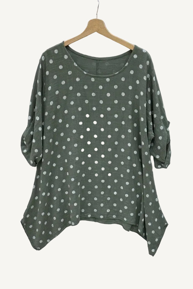 Green polka dot blouse on a hanger against a white background