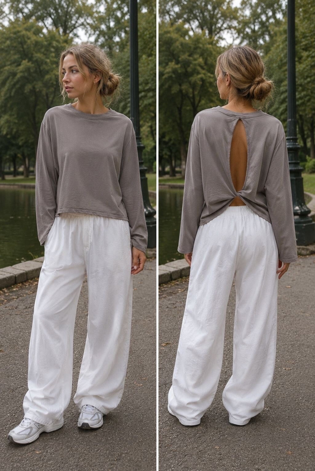 A woman modeling a taupe long-sleeve crop top with a back cutout and white wide-leg pants in an outdoor park setting, shown in front and back views.