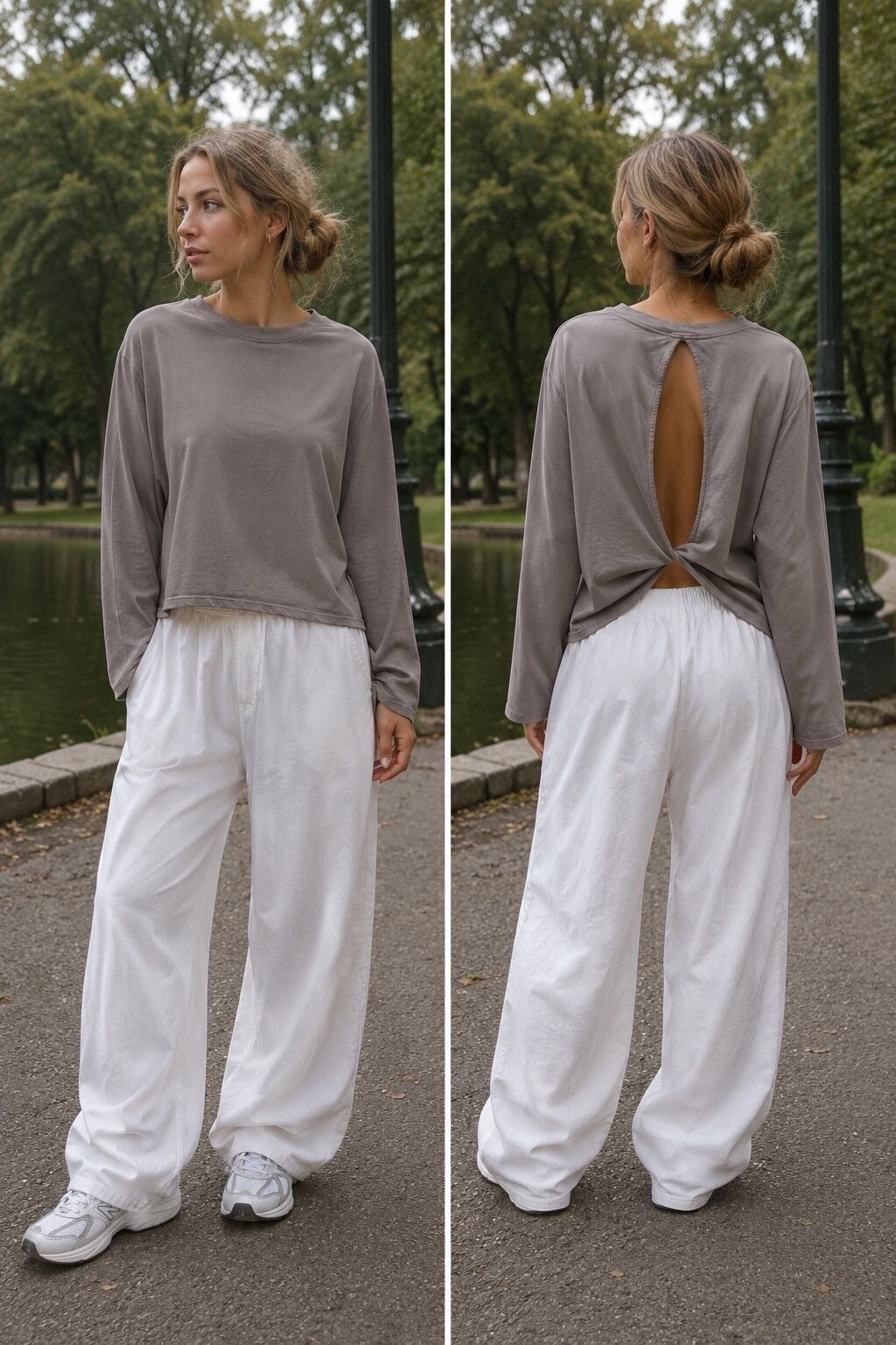 A woman modeling a taupe long-sleeve crop top with a back cutout and white wide-leg pants in an outdoor park setting, shown in front and back views.